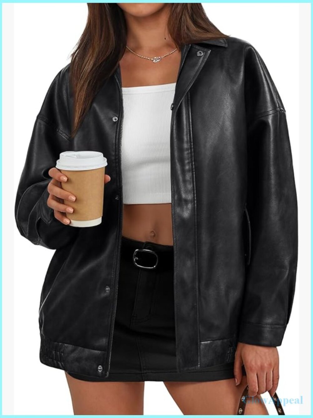 Oversized Faux Leather Bomber Jacket Moto Style Zip Up Coat